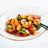Hunan Shrimp · Shrimp, red and green bell pepper, onion, red chili, spicy brown sauce