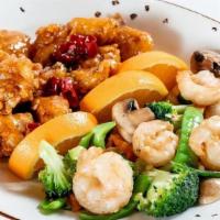Dragon And Phoenix · General Tso's Chicken and shrimp with vegetables in white sauce