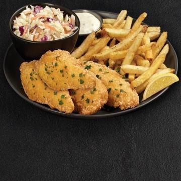 Fish & Chips · 4 pieces of beer-battered golden cod fillets served with seasoned fries, coleslaw and tartar sauce