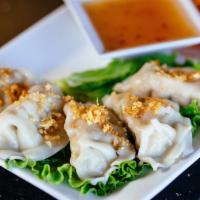 Gyoza (Potstickers, 5Pcs) · Chicken and vegetables wrapped with gyoza skin served with spicy soy sauce.