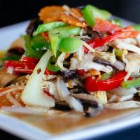 Pad Ginger · Sautéed ginger, onions, carrots, mushrooms, baby corn, bell peppers & celery with light brow...