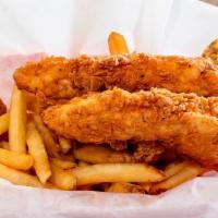 Chris P. Chicken Tenders · 2 Breaded Tenders.  Served with Fries.  Drinks and Dessert are Extra.
