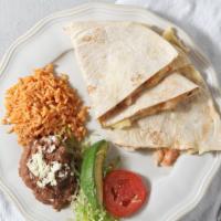 Shrimp Quesadilla · Served with Rice & Beans, and small side salad