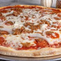 Florentine · Tomatoes, spinach, mushrooms, onions, tomato sauce and mozzarella cheese.