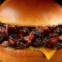 Brisket Burnt Ends Sandwich Plate · Chopped burnt ends of brisket with cheese & pickles on at toasted brioche bun, served with 2...