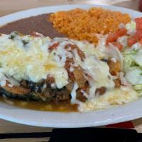 Chile Relleno Plate · One poblano pepper stuffed with either queso fresco or ground beef, ranchero sauce and Monte...
