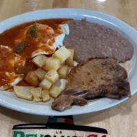 Pork Chop & Eggs Plate · One pork chop, two eggs with ranchero sauce on top, served with refried beans, potatoes and ...