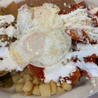Chilaquiles Mix (Red And Green) · Tortilla chips cooked with green tomatillo sauce or red guajillo sauce with queso fresco and...