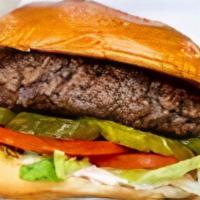 The Classic 1/2 Lb Burger · Shredded Lettuce, Tomatoes, Crinkle Dill Pickles, Diced Onions.