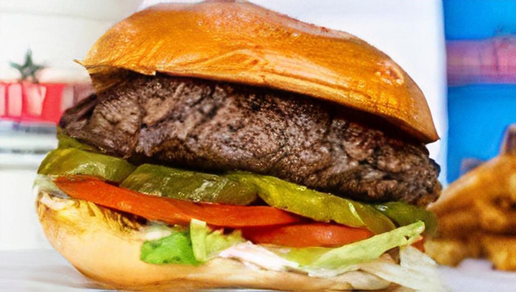 The Classic 1/2 Lb Burger · Shredded Lettuce, Tomatoes, Crinkle Dill Pickles, Diced Onions.