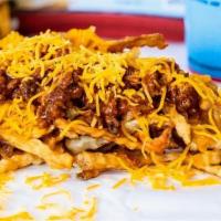 Chili Cheese Fries · Fresh-cut crinkle fries topped with house made chili and cheddar cheese - add bacon and avoc...