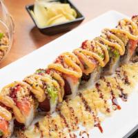 Miso Hot · Peppered tuna inside topped with salmon, avocado, spicy mayo, and crunchy