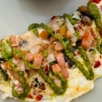 Weith Watcher · Eggs white, mushroom , tomatoes , peppers ,spinach topped with pesto.