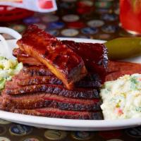 3 Meat · Meats Rubbed, mopped and slow pit-smoked. Served with your choice of two made from scratch s...