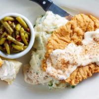 Chicken Fried · Steak or chicken with mashed potatoes and green beans.