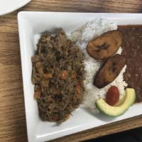 Roja Vieja · Shredded beef served with beans, rice,avocado and sweet plantains
