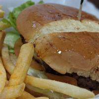 Beef Cheeseburger · Beef Burger, topped with cheese, lettuce, tomato, onion, mayo, served on a Brioche bun. *Fri...
