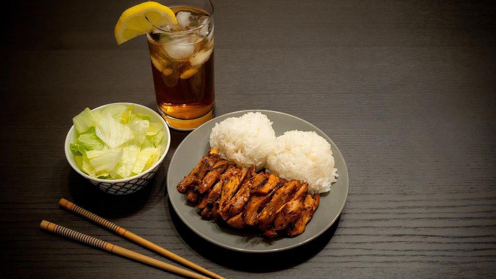 Teriyaki Chicken Plate · Over a half pound of marinated chicken, grilled to perfection. Covered in fresh teriyaki sauce and served over a bed of rice with a simple side salad.