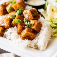 Teriyaki Tofu Plate · Over a half pound of tofu, with a crunch outside and delicious inside, tossed in teriyaki sa...