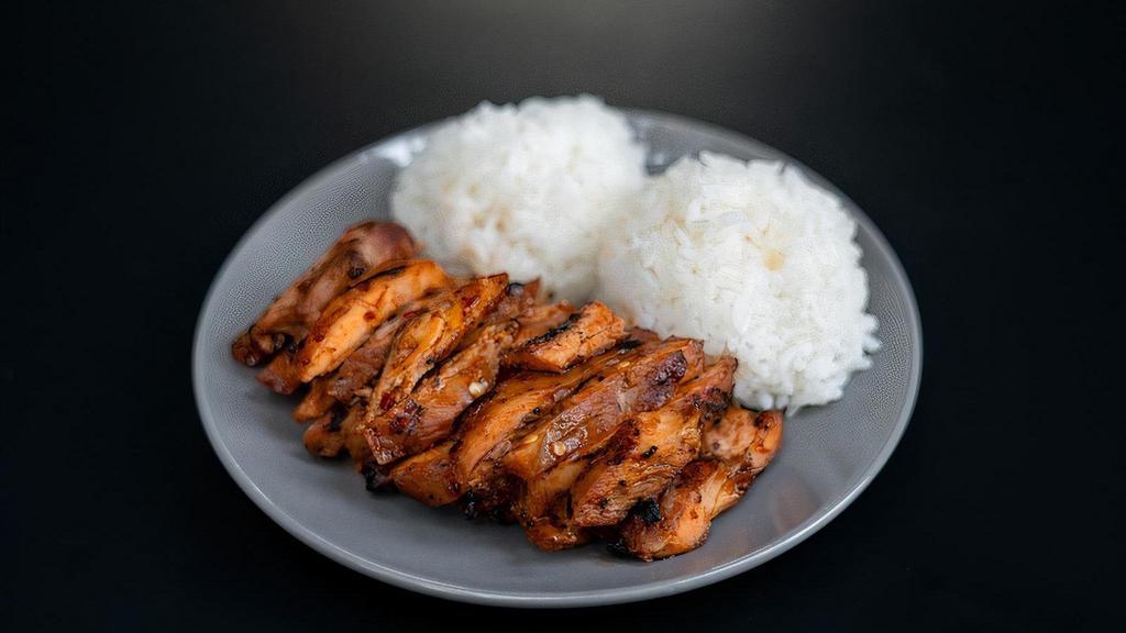Spicy Chicken Plate · Chicken marinated in our special home made teriyaki marinade then finished with a spicy teriyaki chili sauce.  Served with Calrose rice, crispy Iceberg Lettuce and served with our lemon poppyseed dressing.