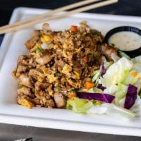 Fried Rice With Chicken Plate · Chicken grilled and diced then served in a special fried rice dish containing flavors of ses...