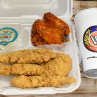 4Pc Td W/ 5Pc Wings & Drink · Served with one 2oz dip sauce.
