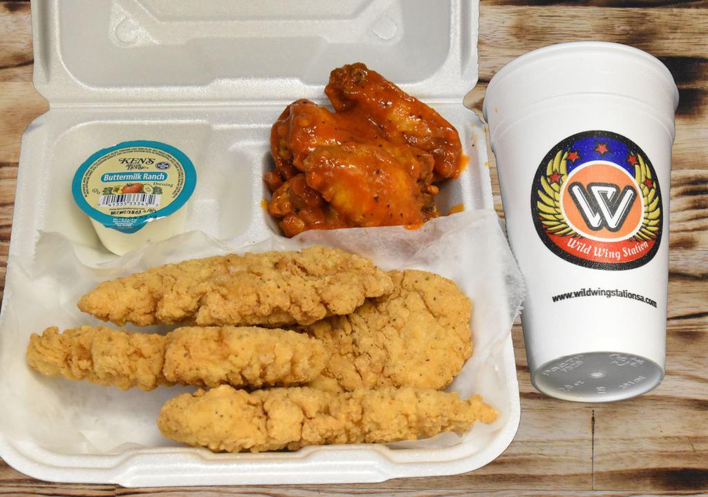 4Pc Td W/ 5Pc Wings & Drink · Served with one 2oz dip sauce.