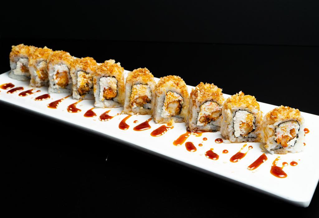 New Orleans · Cooked. Fried crawfish, cream cheese, and snow crab rolled and topped with crunchy bits, drizzled with sweet unagi.