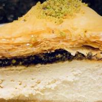 Baklava Cheesecake · Made with a phyllo dough and pistachio crust, this creamy, honeyed baklava cheesecake incorp...