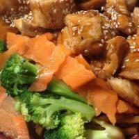 Teriyaki Chicken Bowl · Tender chicken breast broccoli, carrots, teriyaki sauce over steamed rice.