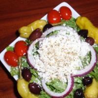 Greek Salad · Romaine lettuce, red onions, kalamata olives, pepperoncini peppers, tomatoes feta cheese and...