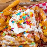 Fruity Pebbles Funnel Cake Fries · Our Funnel Cake Fries, covered in powdered sugar, topped with Fruity Pebbles, icing syrup an...