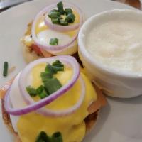 Smoked Salmon · With tomato, covered with hollandaise sauce and topped with green onions.