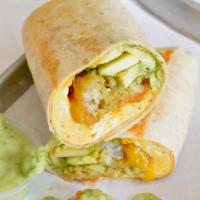 Baja Breakfast Burrito  · 3 fresh cracked cage-free scrambled eggs, melted Cheddar cheese, fresh avocado, avocado sals...