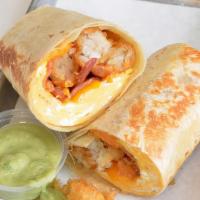 Bacon, Egg And Cheddar Burrito  · 3 fresh cracked cage-free scrambled eggs, melted Cheddar cheese, smokey bacon, crispy potato...
