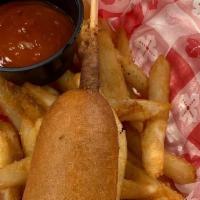 Kids Corn Dog · Corn Dog And  Basket Of Fries  Can Sub Fries For Another Side Choice