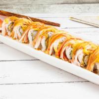 Shaggy Dog Roll (Cooked) · Shrimp tempura inside, topped with crabsticks, served with spicy mayo and chili oil.