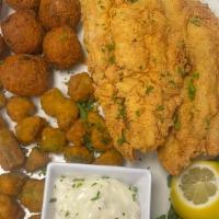 Fried Catfish · Corn meal crusted USA catfish served with jalapeno hushpuppies and fried okra