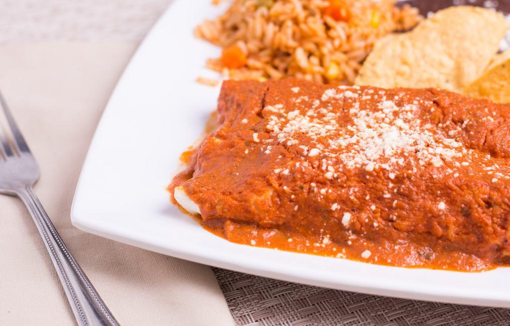 Enchilada Platter · Two tortillas rolled with melted mozzarella cheese and smothered with your choice of enchilada sauce: roja, verde, mole or queso.