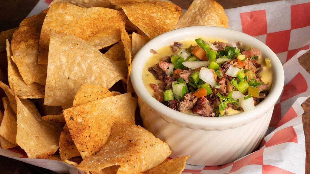 Hoot And Hooty'S Queso With Brisket · Smoked bacon and roasted pepper queso with the addition of our smoked prime chopped brisket, served with chips.