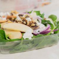 Spinach Salad · Tender spinach leaves, thinly sliced red onion, walnuts, goat cheese, apple, house balsamic ...