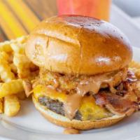 Bbq Bacon Cheeseburger · Served with apple-wood smoked bacon, onion rings, cheddar cheese and BBQ mayo on a brioche b...