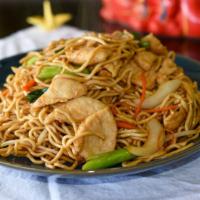 Lomein · Classic Chinese noodles with carrots, bean sprouts, yellow and green onions in a light brown...