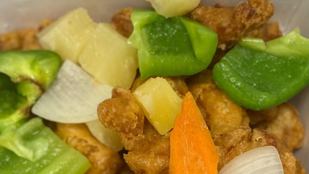 Sweet & Sour · Battered fried chicken or shrimp topped with pineapple, green peppers, carrots and onion. Served with sweet and sour sauce on the side.
