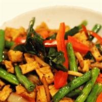 Kraprao · Fried diced tofu, green beans, carrots, onions, shiitake mushrooms, Thai chilies, bell peppe...