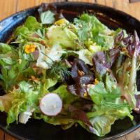 Field Green Salad · A fresh baby lettuce salad with crisp radish, toasted sunflower seeds, and a sherry vinaigre...
