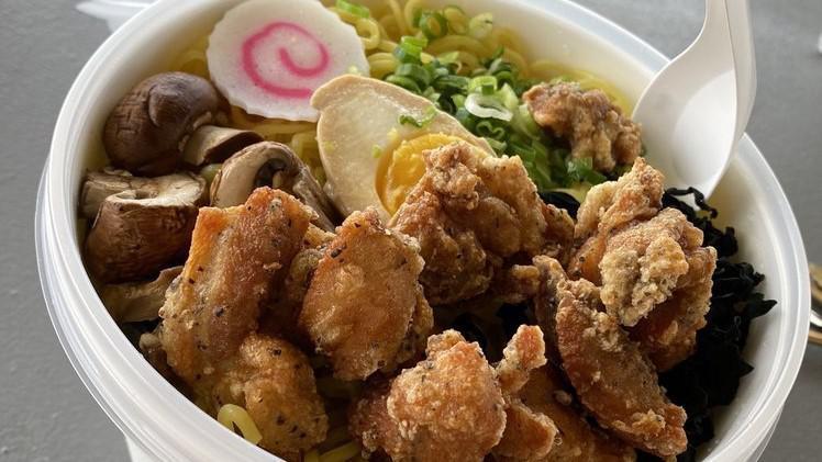 Chicken Ramen 
 · Shoyu Based Chicken Broth.
Fried Chicken, Tamago, Scallion, Cremini Mushroom,Narutomaki, Wakame.