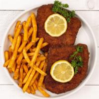 Arnold Schnitzel · One adult portion of pork schnitzel and your choice of fries, or spaetzle with gravy.