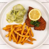 The Hansel - Chicken Kinder Schnitzel · Small Chicken Schnitzel with a cucumber salad, comes with choice of fries, or spaetzle with ...