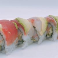  Rainbow Roll · California roll, tuna, salmon, white fish, and avocado on top.

These items are served raw o...